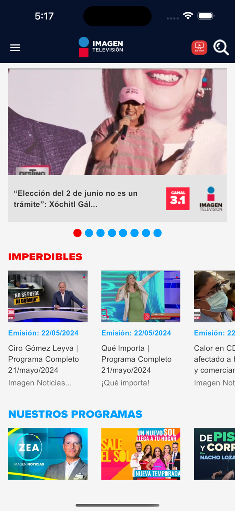 Imagen TV app home screen showing Mexican news and TV shows