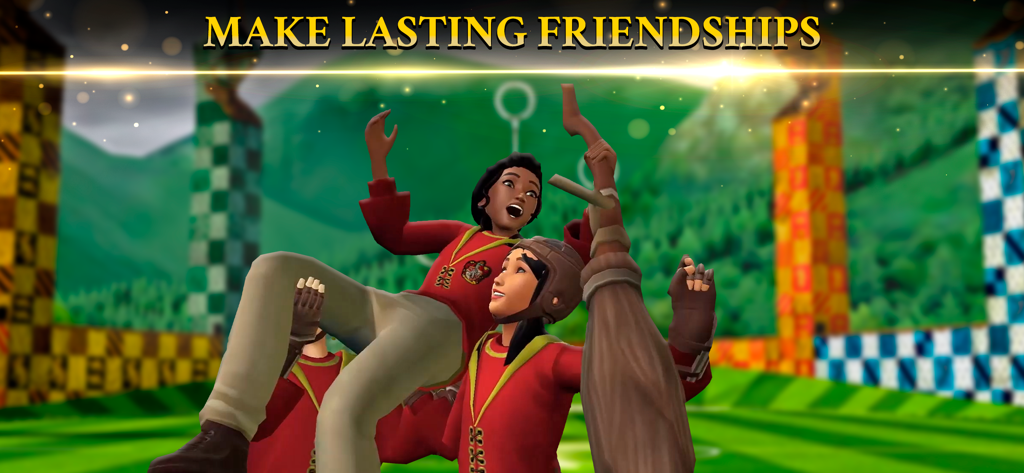 Harry Potter: Hogwarts Mystery - ハリー・ポッター：ホグワーツの謎で、2人のグリフィンドールの生徒がグラウンドでクィディッチの勝利を祝っている様子