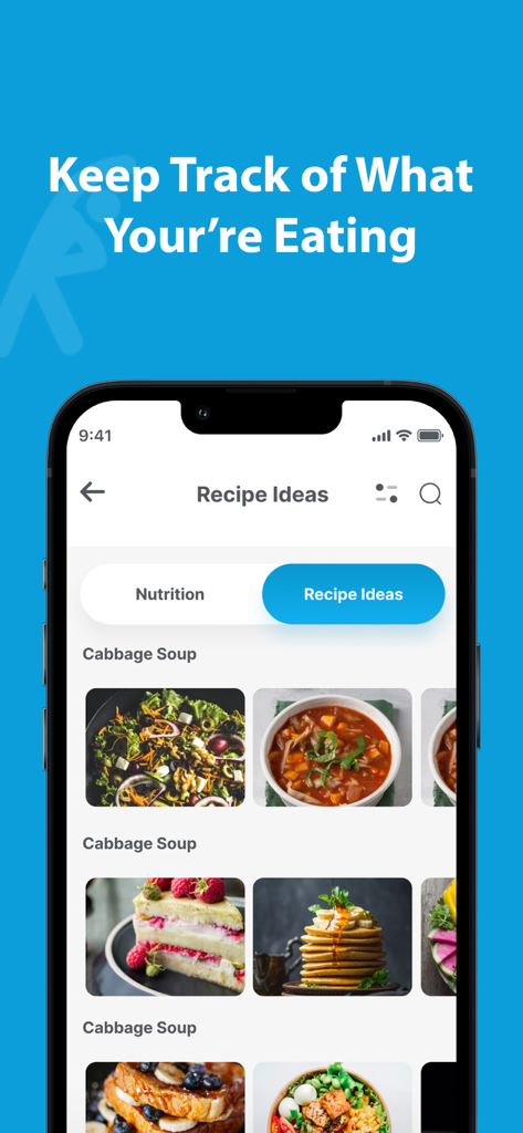 Fitpro Connect - Interfaz de la aplicación móvil Fitpro Connect que muestra ideas de recetas saludables y seguimiento de la nutrición