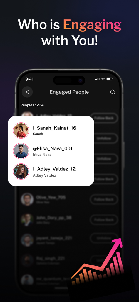 Unfollow Tracker for Instagram - Pantalla que muestra una lista de personas interactuando en Instagram con fotos de perfil y nombres.