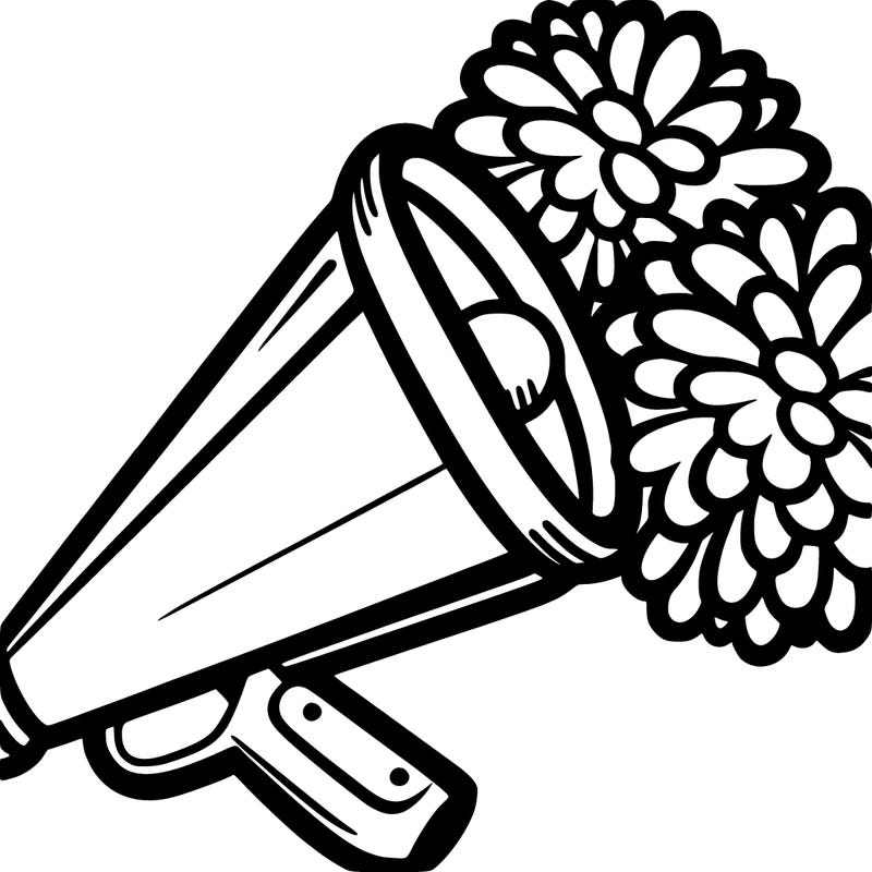 cheerleading megaphone with two pom poms on top/next to it