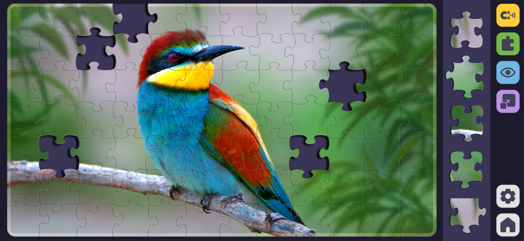 Relax Jigsaw Puzzle for Adults - Um quebra-cabeça digital de um pássaro colorido sendo resolvido com controles de interface do jogo.