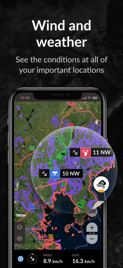 iHunter - iHunter app interface displaying wind and weather conditions on a hunting zone map
