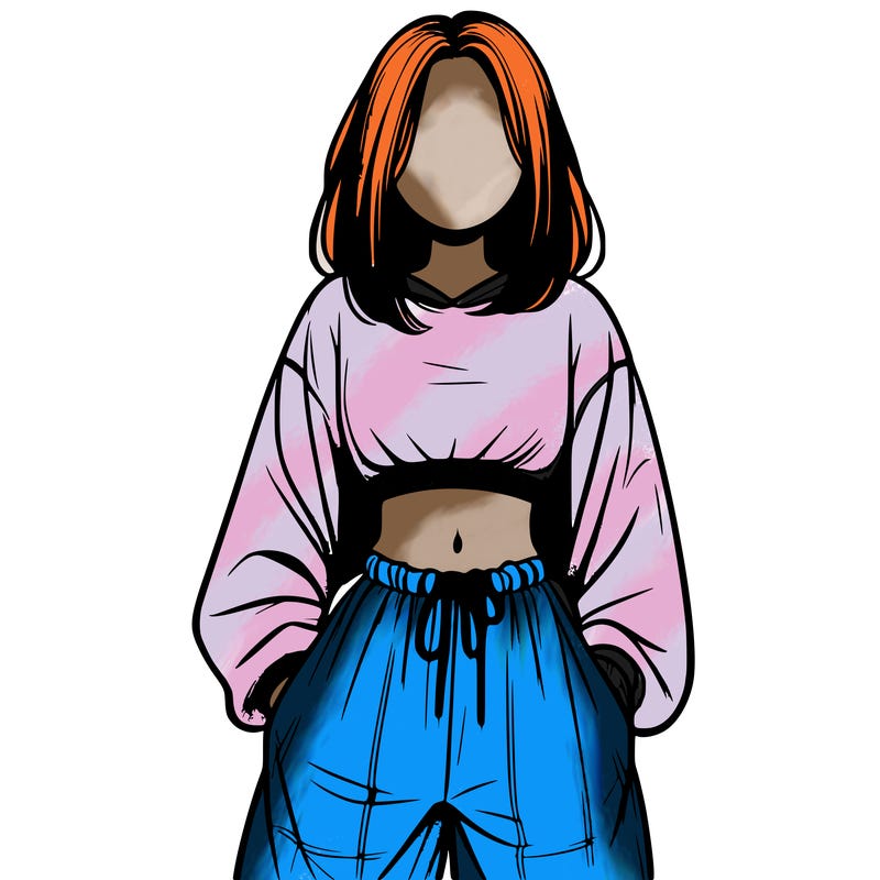 realistic girl faceless with baggy pants and a crop top