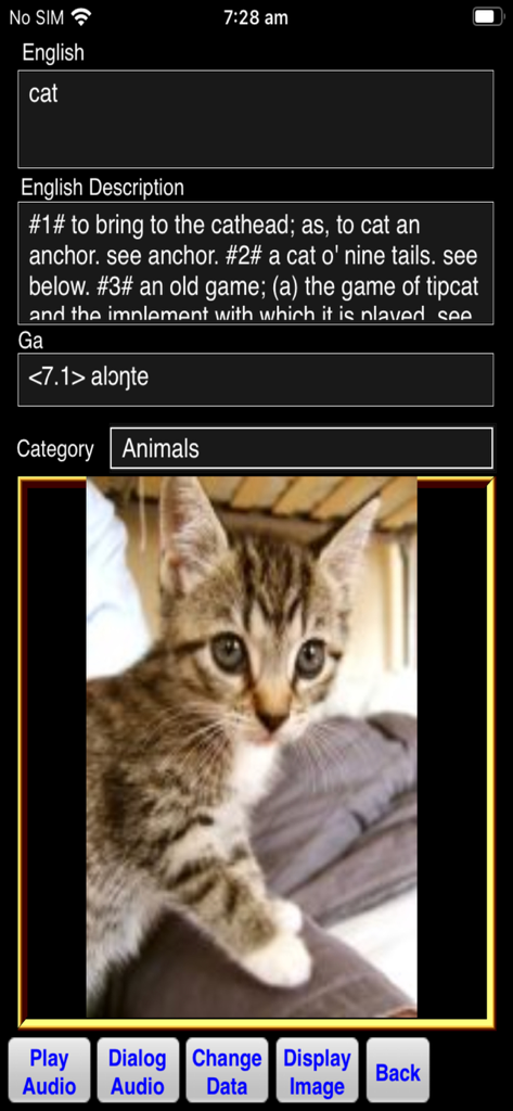 Speak and Write Ga Language - Speak and Write Ga Language app interface showing the translation of cat with a kitten image