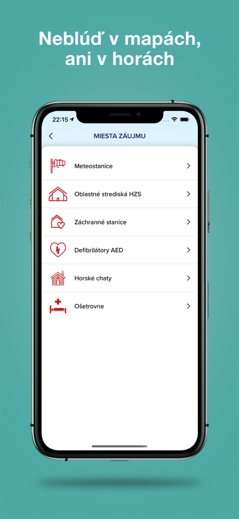 Pantalla de la app móvil que muestra categorías para estaciones meteorológicas, centros de rescate, ubicaciones de DEA y refugios de montaña.
