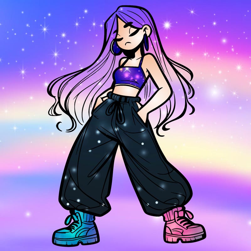 girl in baggy pants crop top and long hair