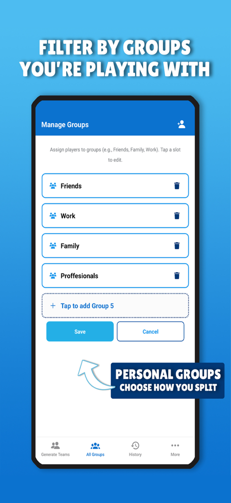 Schermata dell'app mobile che mostra la funzione Gestisci Gruppi dove gli utenti possono organizzare i giocatori in categorie come Amici, Lavoro e Famiglia.