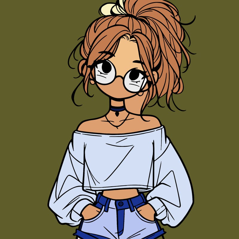 girl with a messy ponytail glasses a baggy crop top and jean shorts
