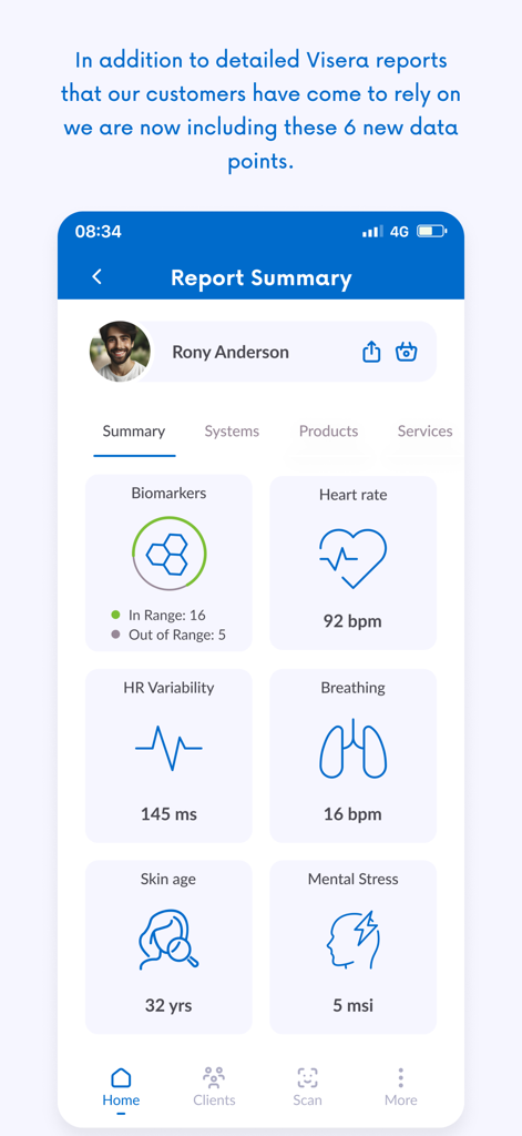 Visera Link app report summary displaying heart rate, biomarkers, and mental stress data points