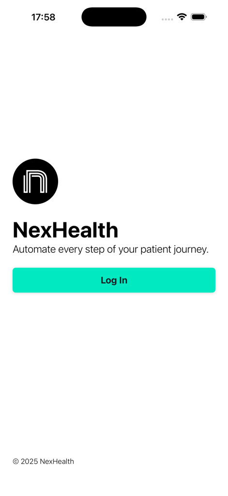 NexHealth app welcome screen showing the logo tagline and a green login button for healthcare professionals