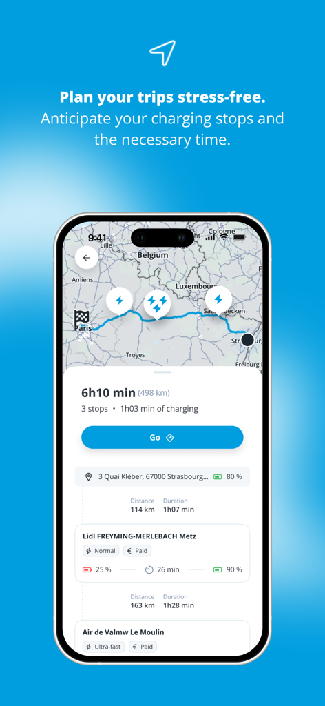 Interfaccia dell'app Freshmile che mostra un pianificatore di percorso per veicoli elettrici con soste per la ricarica e durata del viaggio.