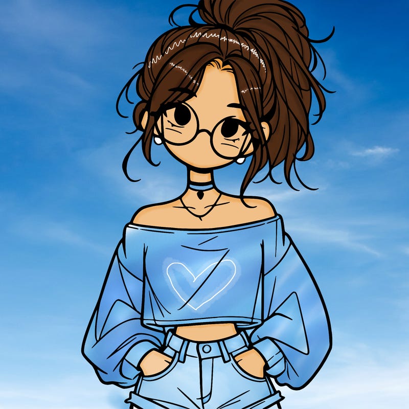 girl with a messy ponytail glasses a baggy crop top and jean shorts