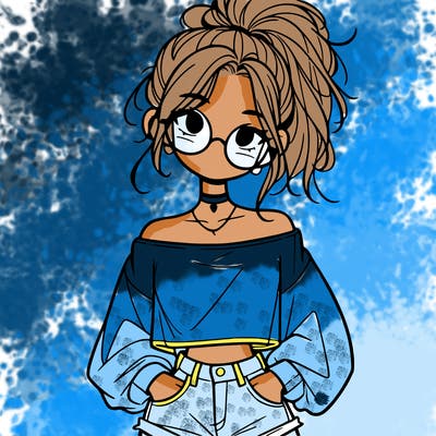 girl with a messy ponytail glasses a baggy crop top and jean shorts