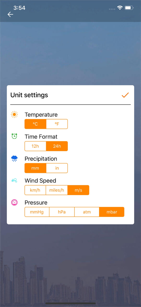 Accurate Weather forecast pro - Unit settings menu in the Accurate Weather forecast pro app showing options for temperature time format precipitation wind speed and pressure