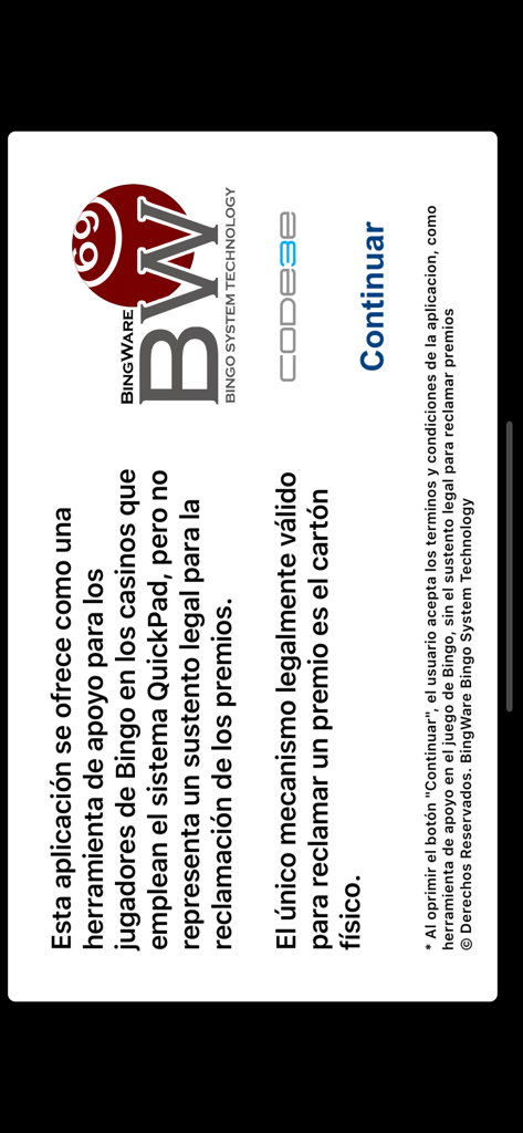QuickPad - Disclaimer screen for QuickPad bingo app in Spanish.