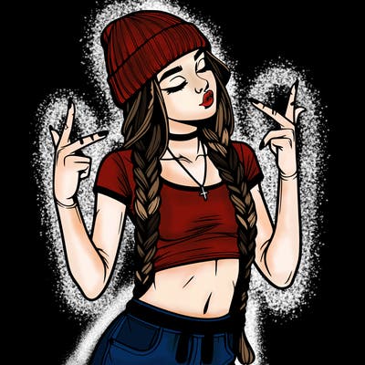 realistic teenage girl with braids and a beanie and crop top doing 🫶🏼