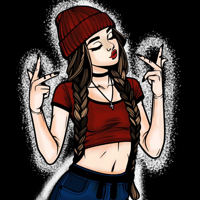 realistic teenage girl with braids and a beanie and crop top doing 🫶🏼