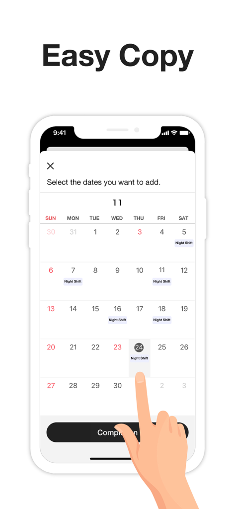 Interfaz que muestra cómo seleccionar varias fechas para añadir rápidamente eventos de turno de noche.