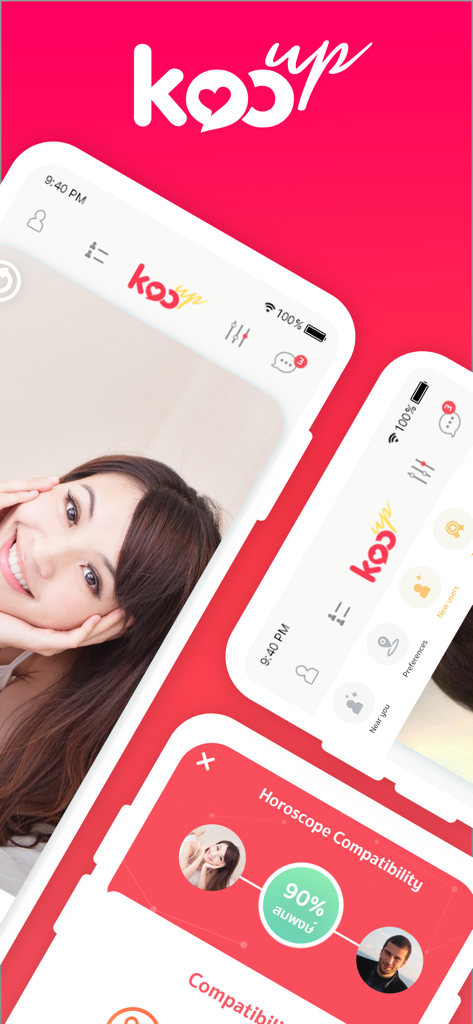 Kooup - Date Your Soulmate - Interfaz de la aplicación de citas Kooup que muestra el emparejamiento de compatibilidad del horóscopo y perfiles de usuario