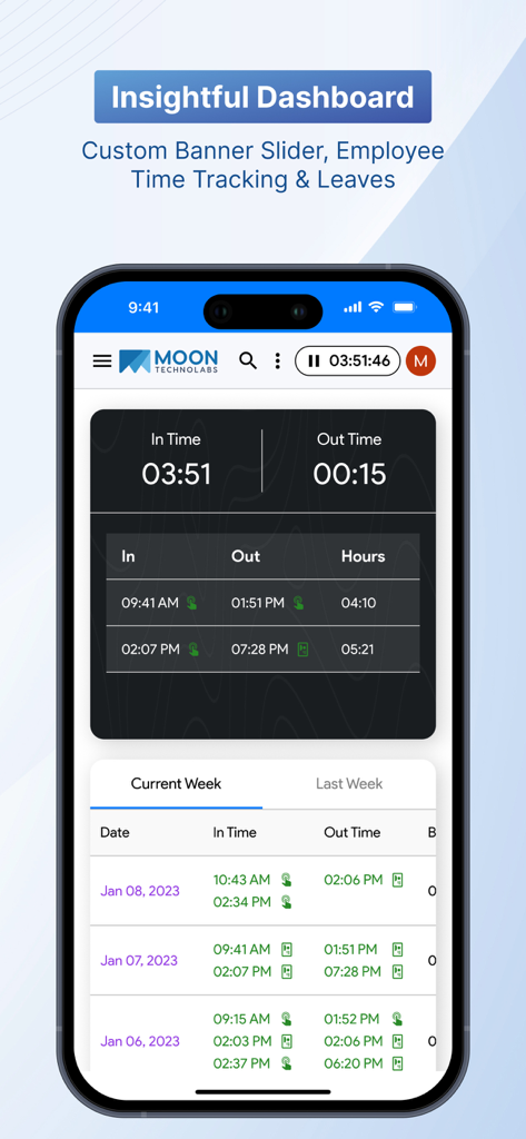 Moon HRM: HR & Employee Portal - Panel de la aplicación Moon HRM que muestra el seguimiento del tiempo del empleado y los registros de asistencia semanales