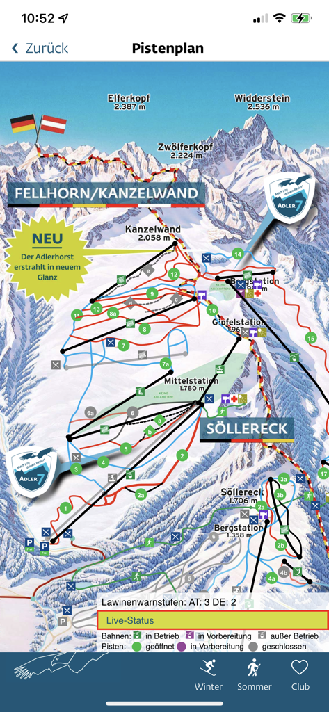 OK Bergbahnen - Interactive ski piste map with live slope and lift status for Fellhorn and Sollereck