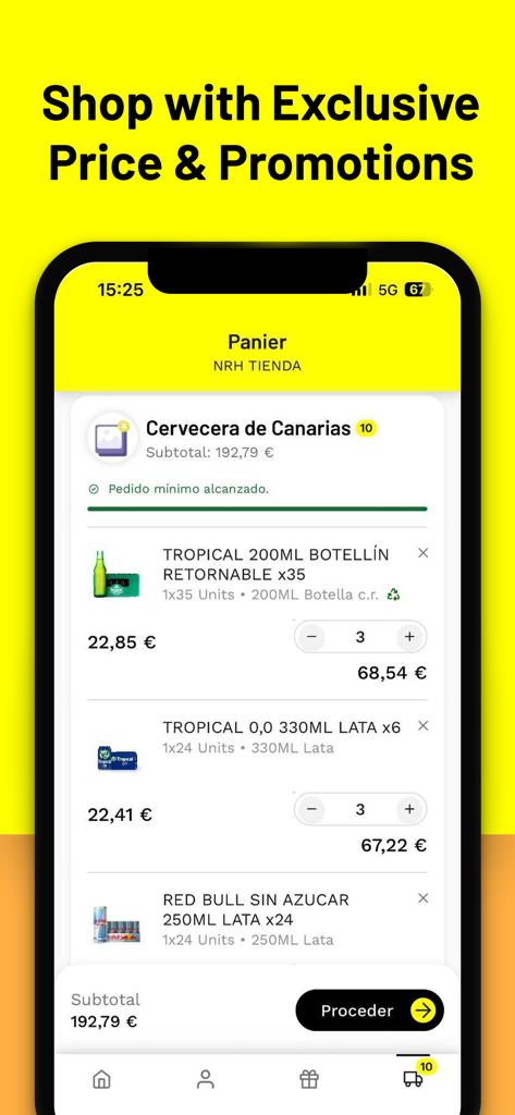 Interface da aplicação BEES Africa mostrando o carrinho de compras com vários itens de bebidas e o subtotal da encomenda.