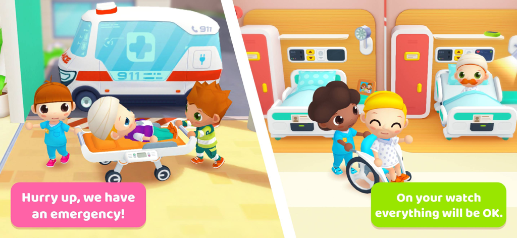 Central Hospital Stories - Personaggi in versione cartone animato in una scena di emergenza ospedaliera con un'ambulanza e pazienti in letti medici.