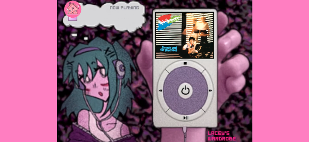 Makeup parlor laceys game - Interfaz de reproductor de música retro en el juego de salón de maquillaje Lacey mostrando un personaje estético con auriculares.
