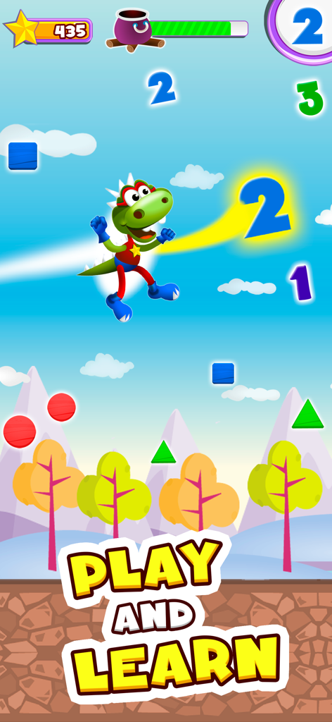 Dino Tim Premium: Basic math - Superhero dinosaur character collecting numbers and shapes in an educational game environment with the text Play and Learn