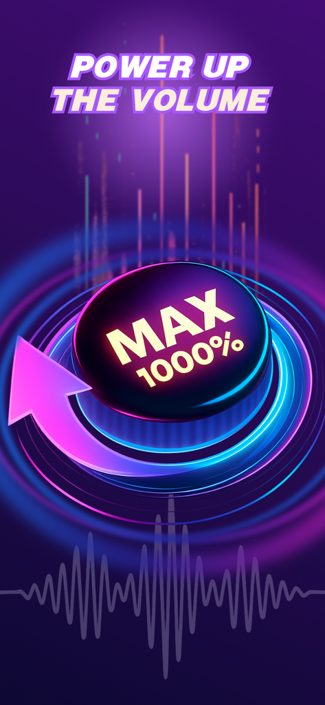Louder Volume: Sound Booster - Oberfläche der Louder Volume Sound Booster App mit einem maximalen 1000-Prozent-Lautstärkeboost-Button mit Neonbeleuchtung