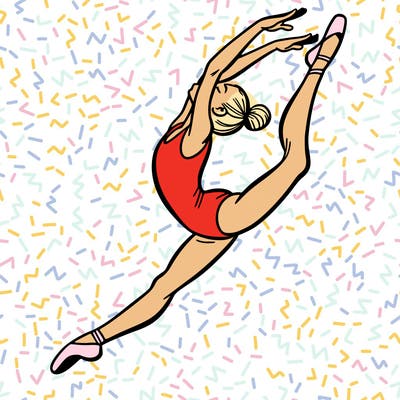 gymnast doing a leap in a leotard with a bent back leg