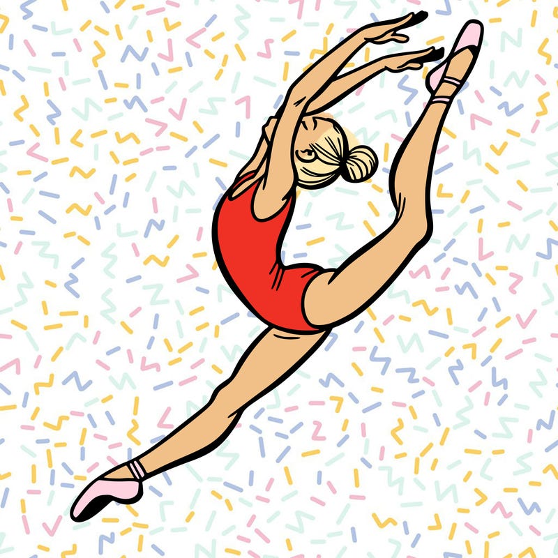 gymnast doing a leap in a leotard with a bent back leg