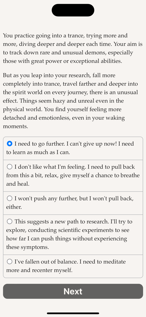 Revolution Diabolique - Captura de tela do aplicativo de ficção interativa Revolution Diabolique mostrando texto narrativo e uma lista de escolhas do jogador.