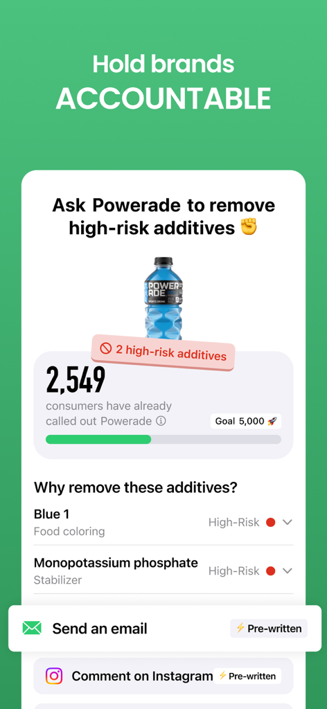 Yuka - Food & Cosmetic Scanner - Yuka app screen showing a consumer activism feature to hold brands accountable by reporting high risk additives in products like Powerade.