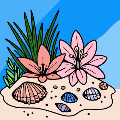 sand, lily, shells