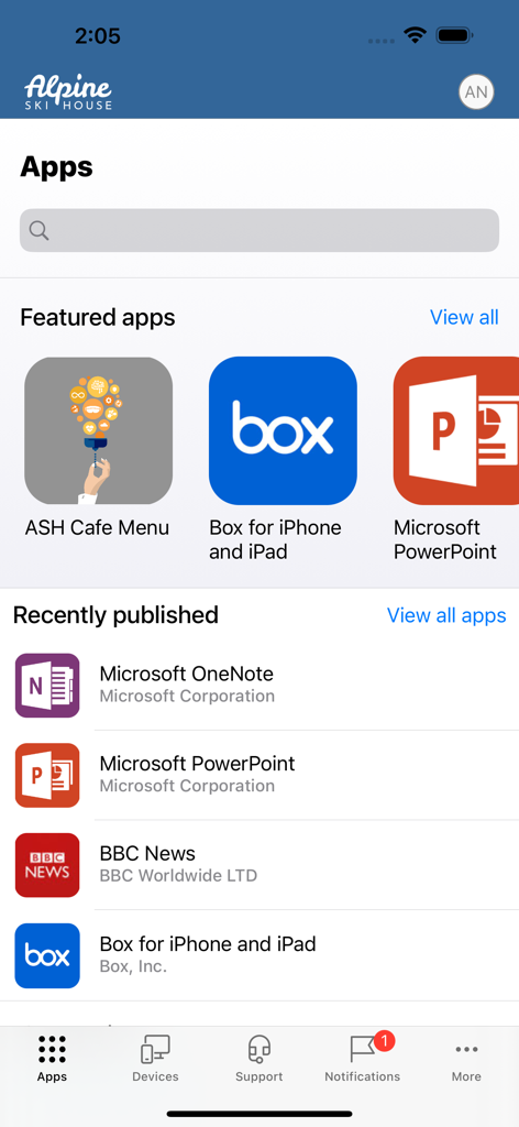 Painel do aplicativo Intune Company Portal exibindo aplicativos corporativos disponíveis para um funcionário