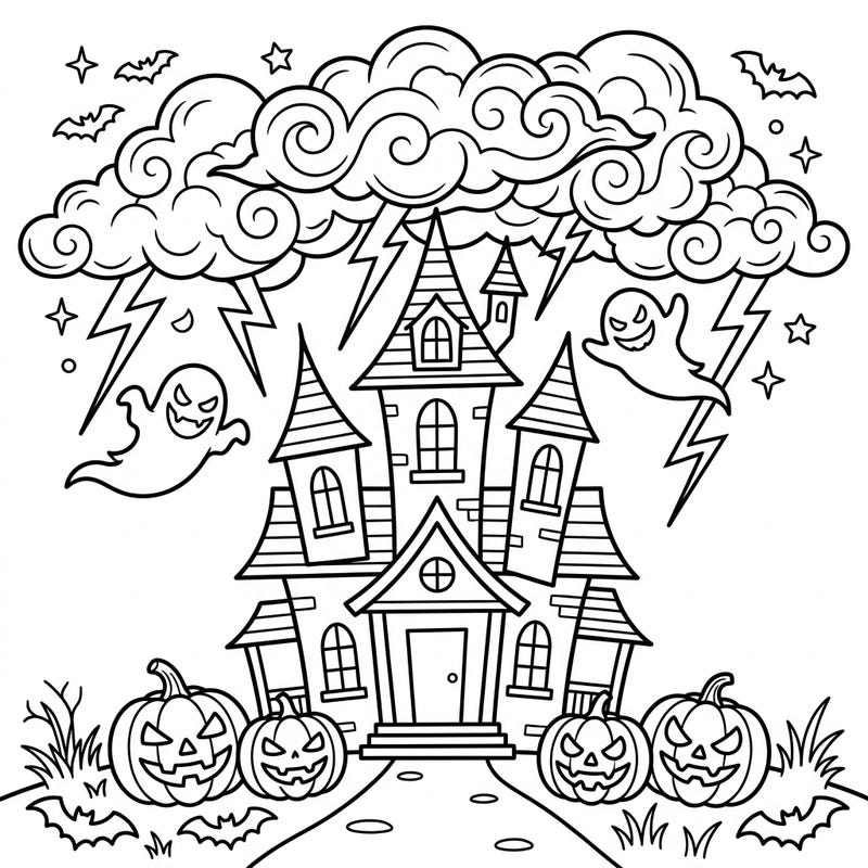 Dive into a thrilling Halloween scene featuring a classic haunted house under a dramatic stormy sky. Spooky ghosts, grinning jack-o'-lanterns, and flying bats await your vibrant colors for a truly ghoulish masterpiece.
