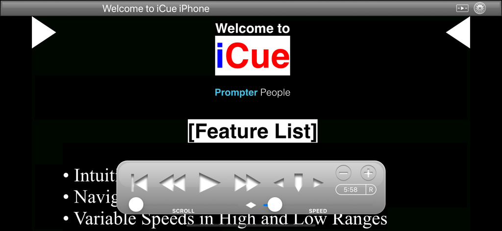 iCue - Pantalla de bienvenida de la aplicación teleprompter iCue con panel de control de reproducción flotante