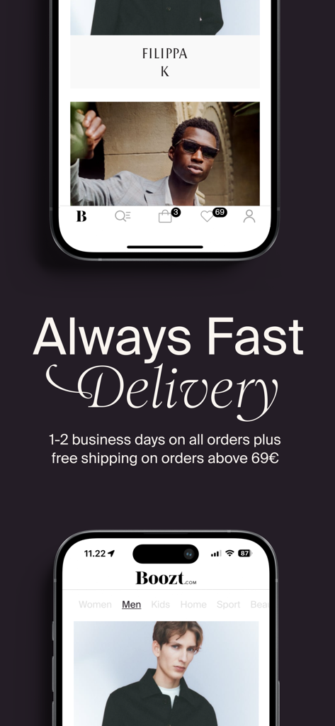 Boozt app interface featuring men's fashion and fast delivery information