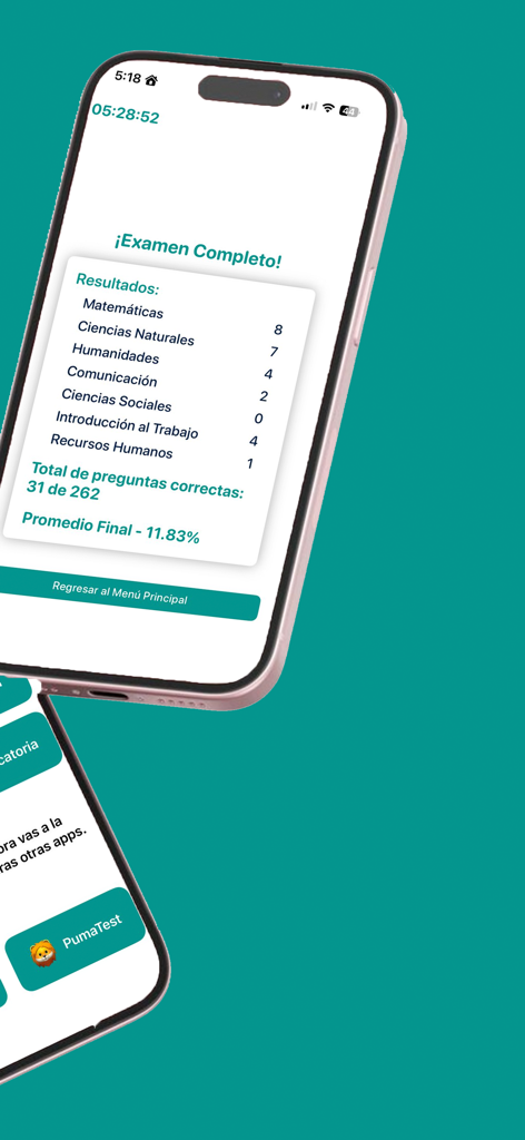 Una pantalla móvil que muestra los resultados finales y el resumen de la puntuación de un examen de práctica EXACER COLBACH completado