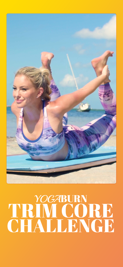 Yoga Burn App - Woman performing yoga bow pose on a beach for the Yoga Burn Trim Core Challenge