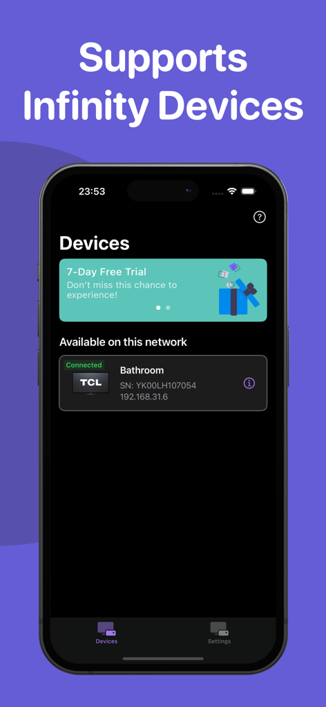 Pantalla de la aplicación Roku Remote que muestra una lista de televisores inteligentes disponibles en la red para control universal