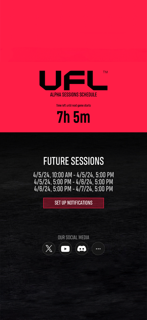 Pantalla de la aplicación móvil UFL que muestra el calendario de sesiones de prueba alfa con una cuenta regresiva y un botón de notificación.
