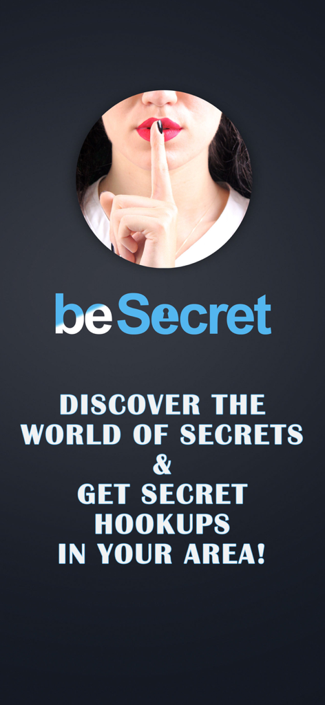 Pantalla de inicio de la aplicación BeSecret con una mujer haciendo un gesto de silencio y texto promocionando encuentros secretos locales.