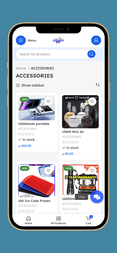 Screenshot of the Brightly MV app showing the accessories category with listings for a portable charger, air humidifier, and ice cube tray.
