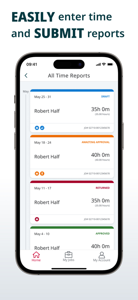 Interface de l'application Robert Half montrant une liste de rapports hebdomadaires avec des statuts tels que brouillon, en attente d'approbation, retourné et approuvé.