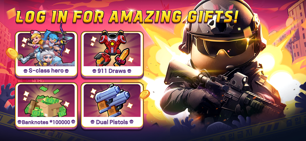 Zombie.io Potato Shooting promotional banner featuring a potato soldier and login rewards including S-class heroes, 911 draws, banknotes, and dual pistols.