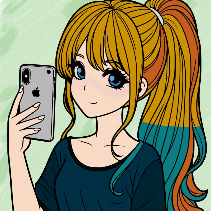 a realistic girl with a pony tail and a iphone