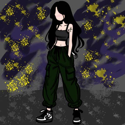 girl in baggy pants crop top and long hair